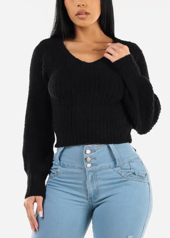 Black Long Sleeve Vneck Plush Sweater sold by Moda