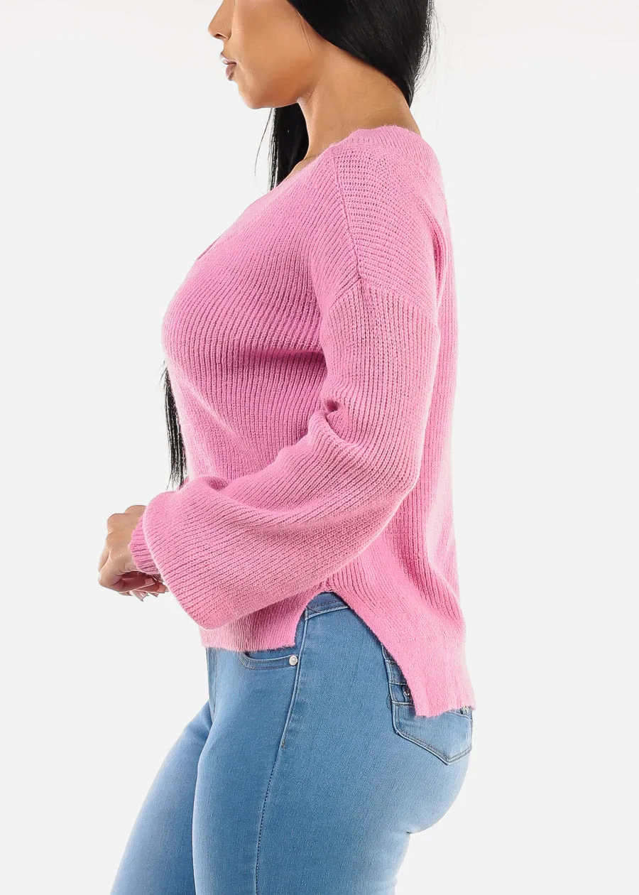 V-Neck Long Sleeve Knitted Sweater Pink sold by Moda product image thumbnail 3