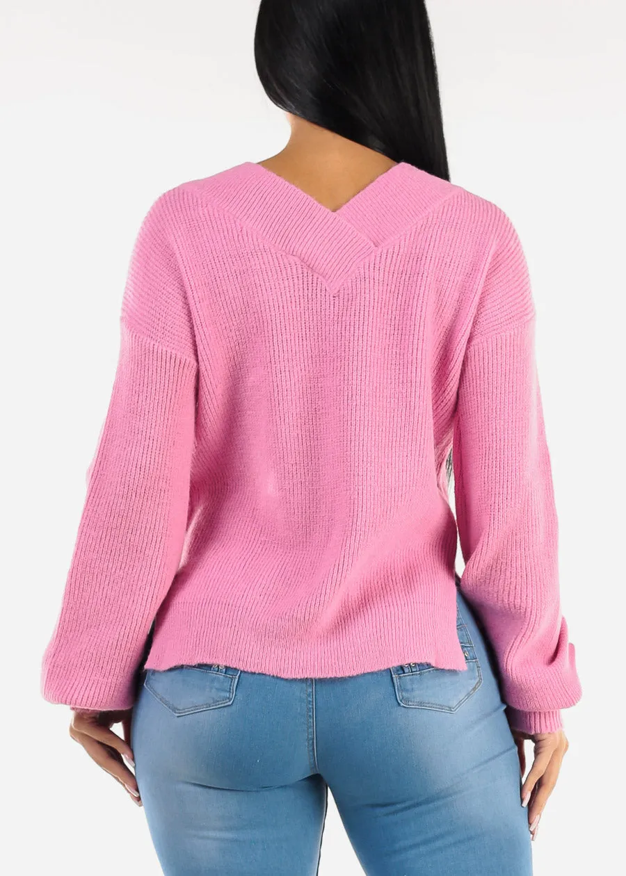 V-Neck Long Sleeve Knitted Sweater Pink sold by Moda product image thumbnail 4