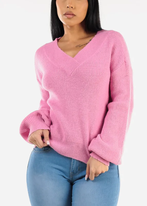 V-Neck Long Sleeve Knitted Sweater Pink sold by Moda