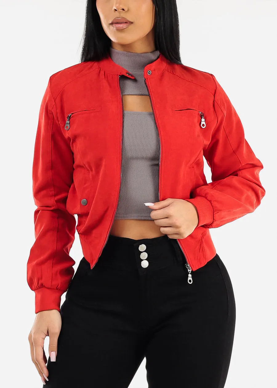 Long Sleeve Zip Up Red Jacket w Ribbed Hem sold by Moda