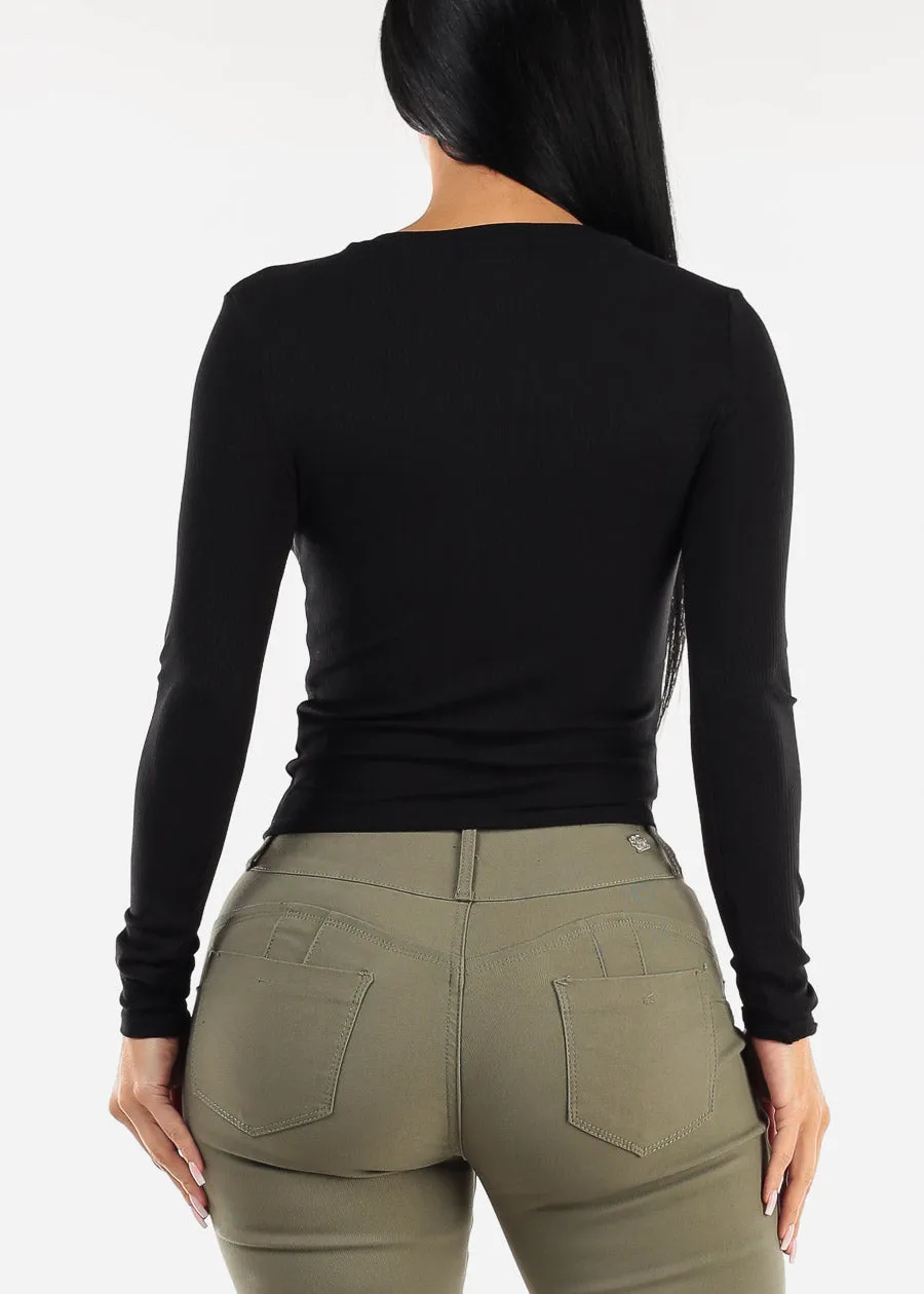 Black Long Sleeve V-Neck Rib Knit Top sold by Moda product image thumbnail 4