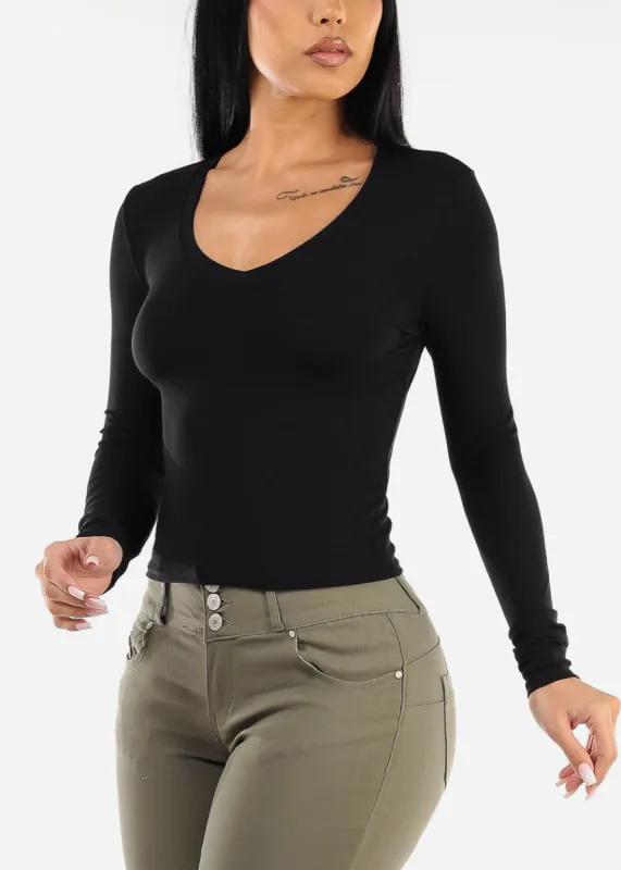 Black Long Sleeve V-Neck Rib Knit Top sold by Moda