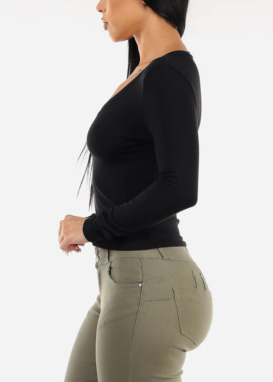 Black Long Sleeve V-Neck Rib Knit Top sold by Moda product image thumbnail 3