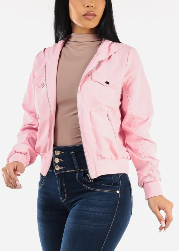 Zip Up Bomber Hooded Jacket Light Pink sold by Moda