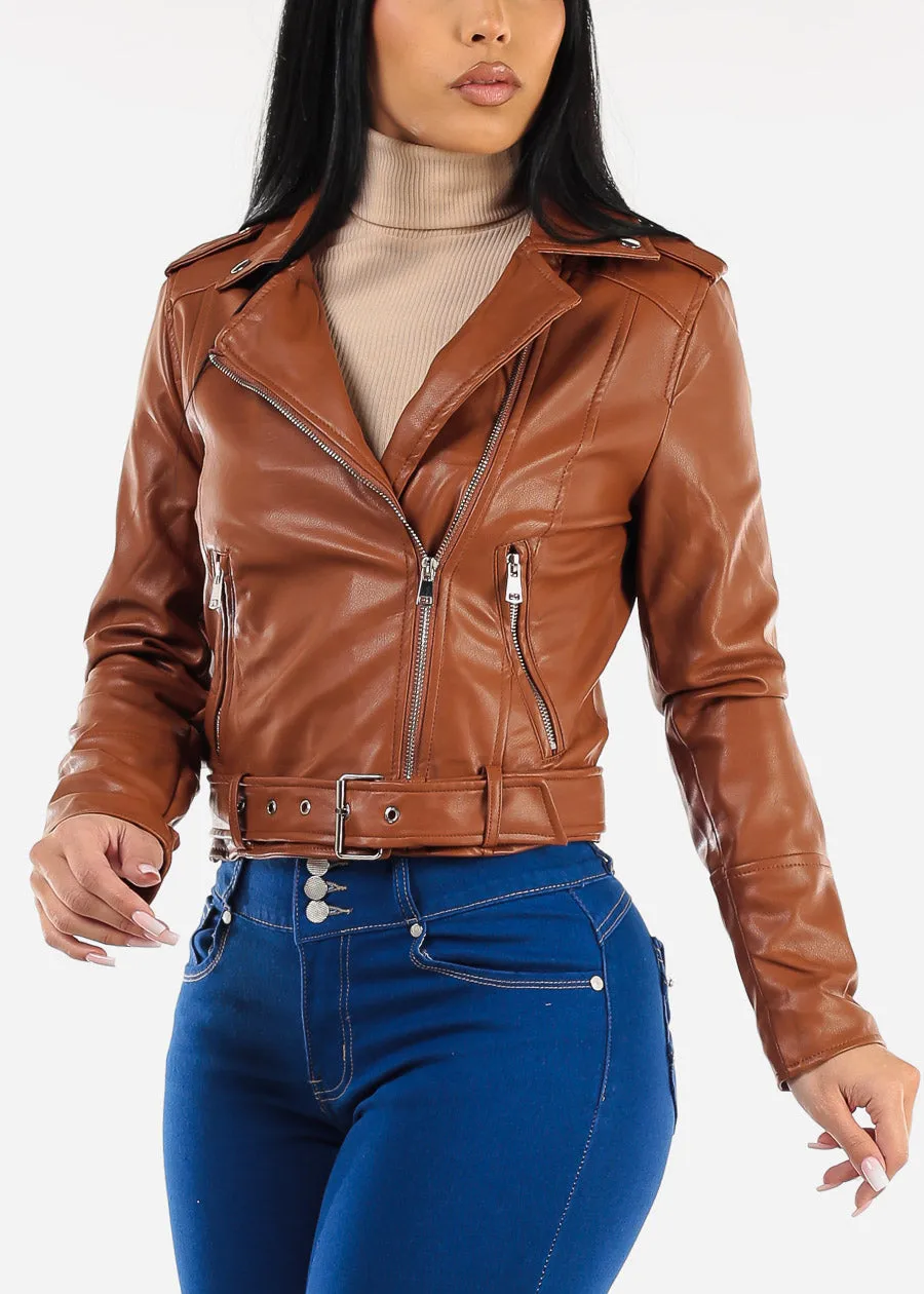 Zip Up Long Sleeve Vegan Leather Moto Jacket Camel sold by Moda product image thumbnail 3