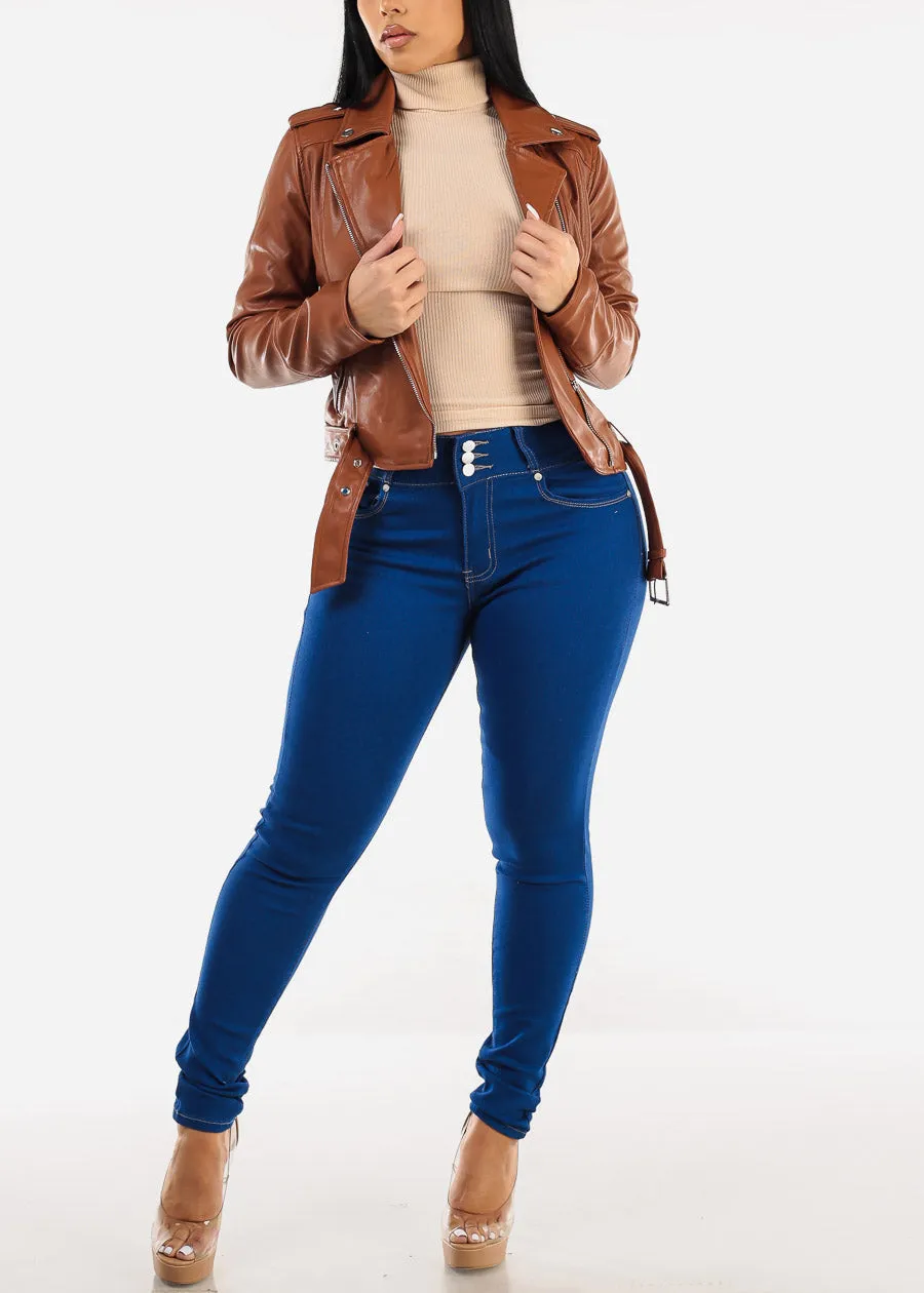 Zip Up Long Sleeve Vegan Leather Moto Jacket Camel sold by Moda product image thumbnail 4