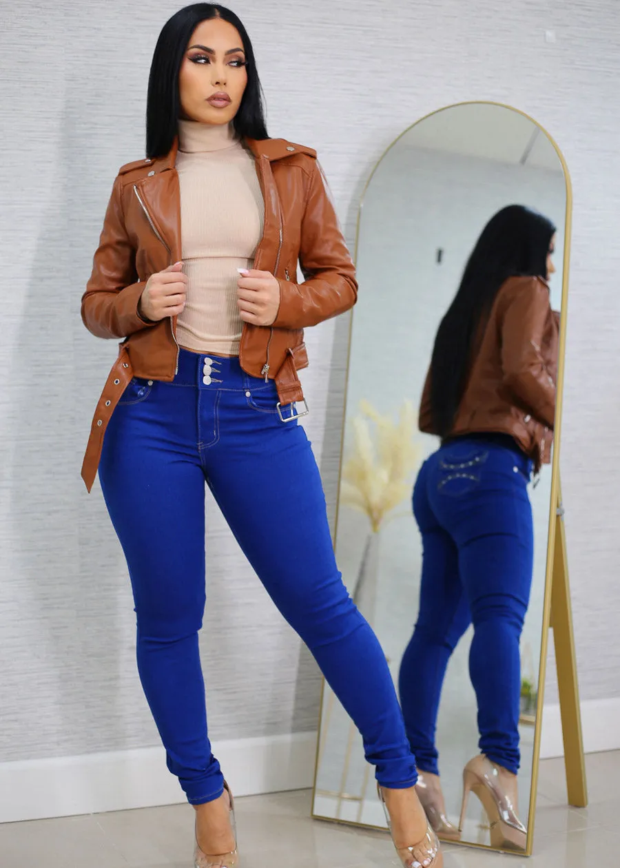 Zip Up Long Sleeve Vegan Leather Moto Jacket Camel sold by Moda product image thumbnail 2
