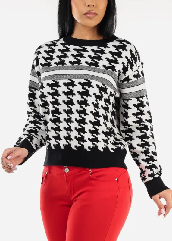 Round Neck Long Sleeve Printed Sweater B&W made by Moda