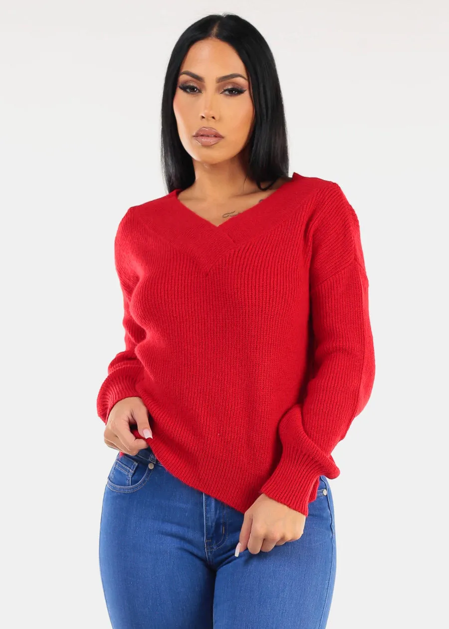 V-Neck Long Sleeve Knitted Sweater Red sold by Moda