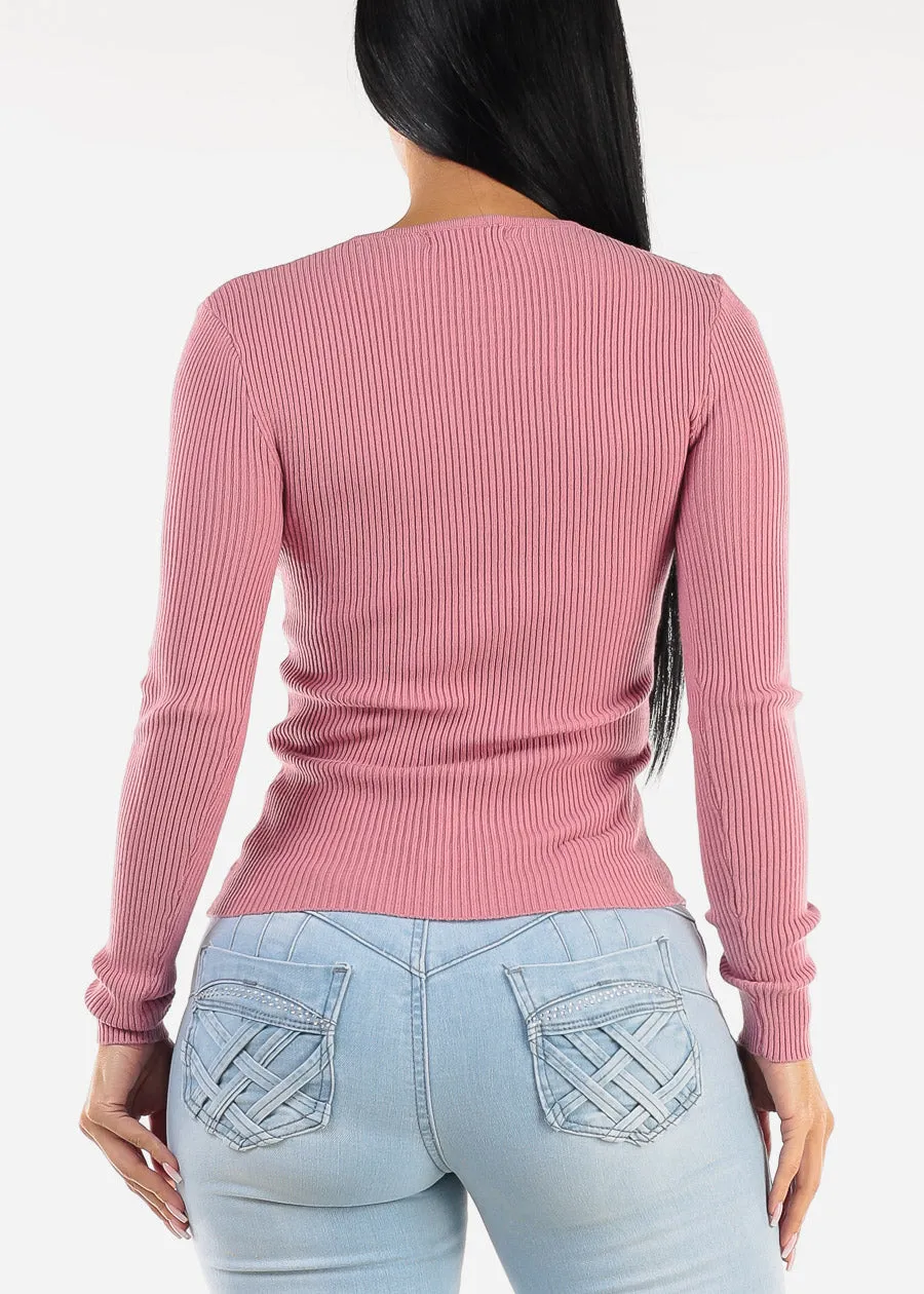 Long Sleeve Vneck Ribbed Sweater Top Dark Pink sold by Moda product image thumbnail 4