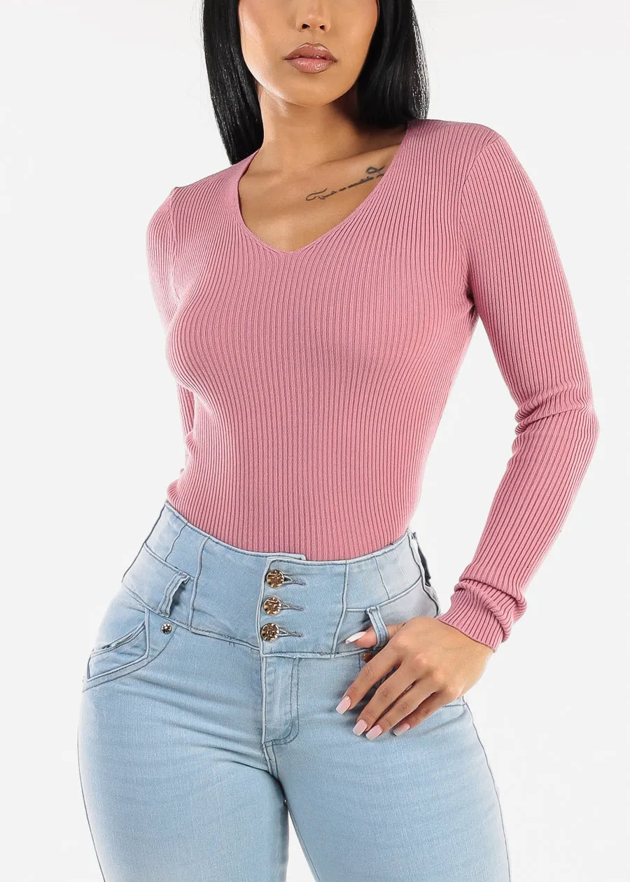 Long Sleeve Vneck Ribbed Sweater Top Dark Pink sold by Moda product image thumbnail 5