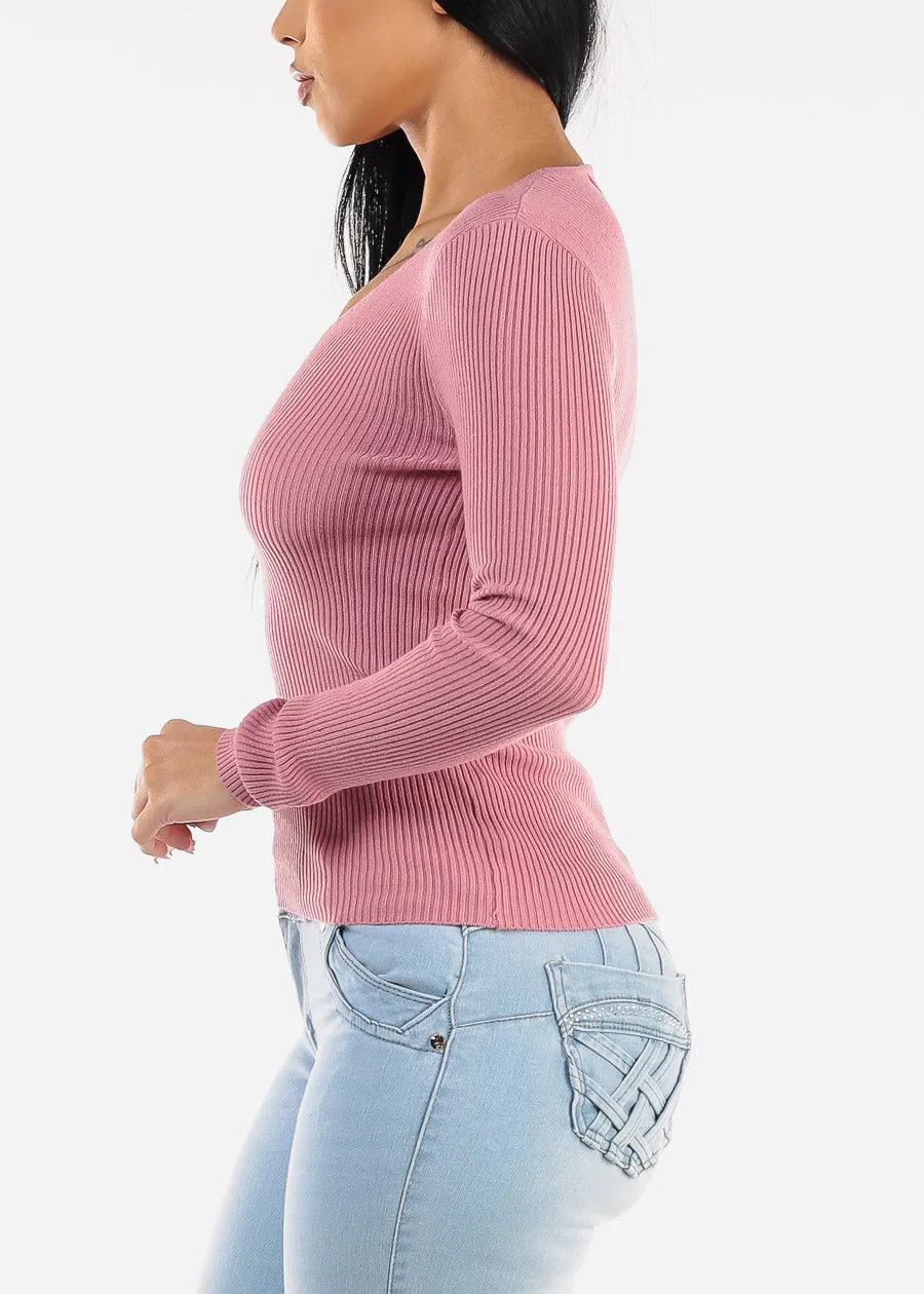 Long Sleeve Vneck Ribbed Sweater Top Dark Pink sold by Moda product image thumbnail 3