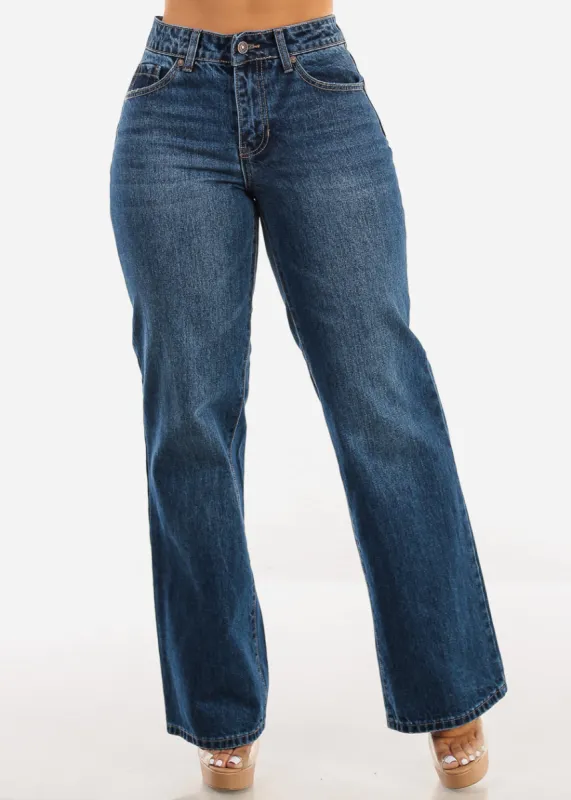 High Waist Med Blue Straight Wide Leg Cotton Jeans sold by Moda
