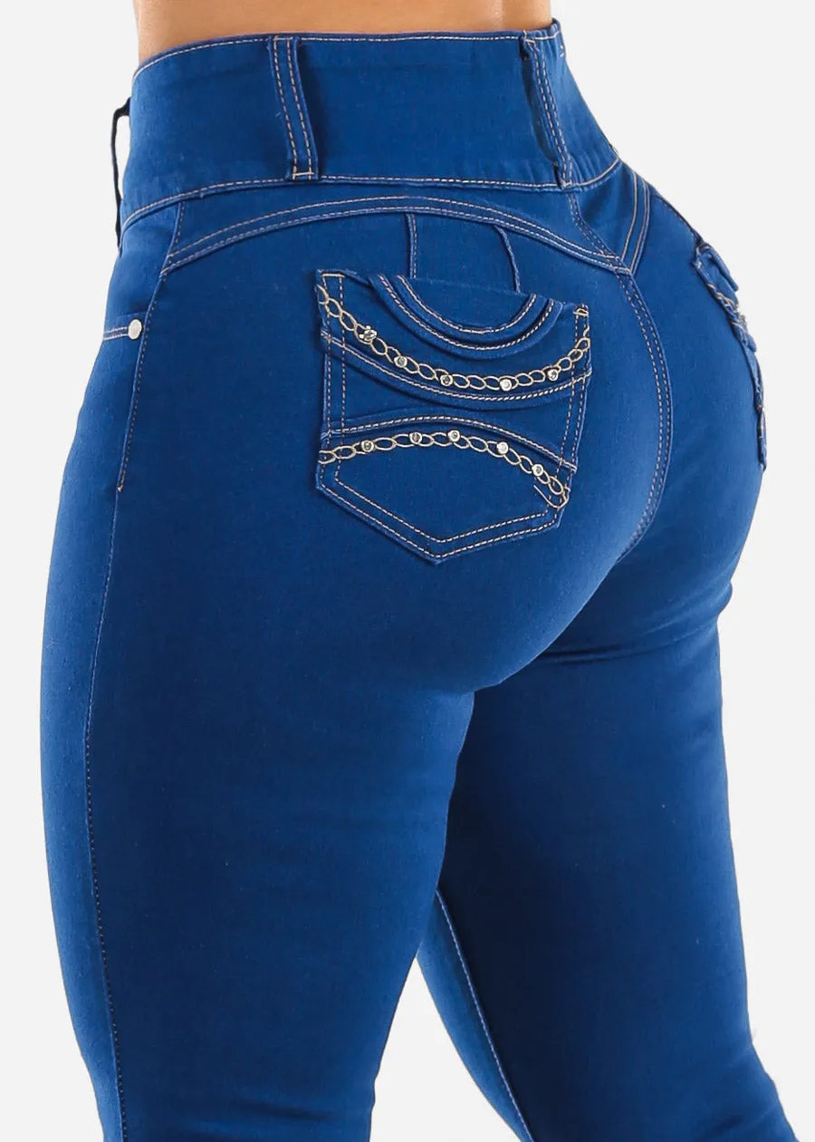 Butt Lift High Waist Chain Pocket Skinny Jeans Royal Blue sold by Moda