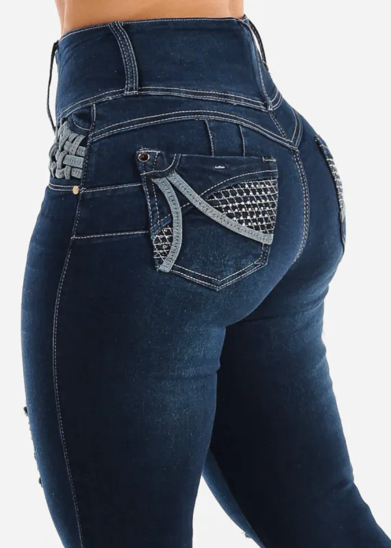 Butt Lift Super High Waist Ripped Skinny Jeans Dark Navy sold by Moda