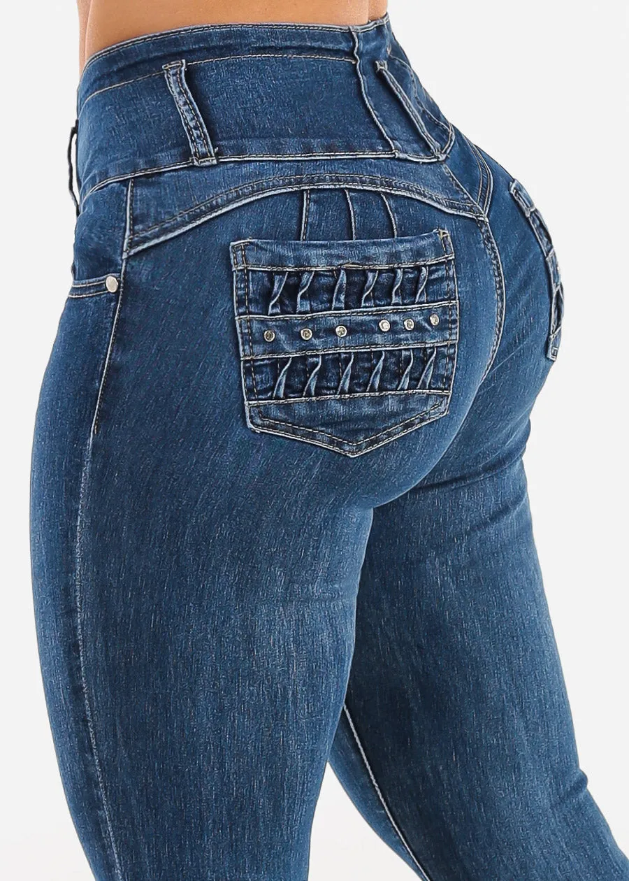 Butt Lift High Waist Skinny Jeans Dark Bleach Wash sold by Moda