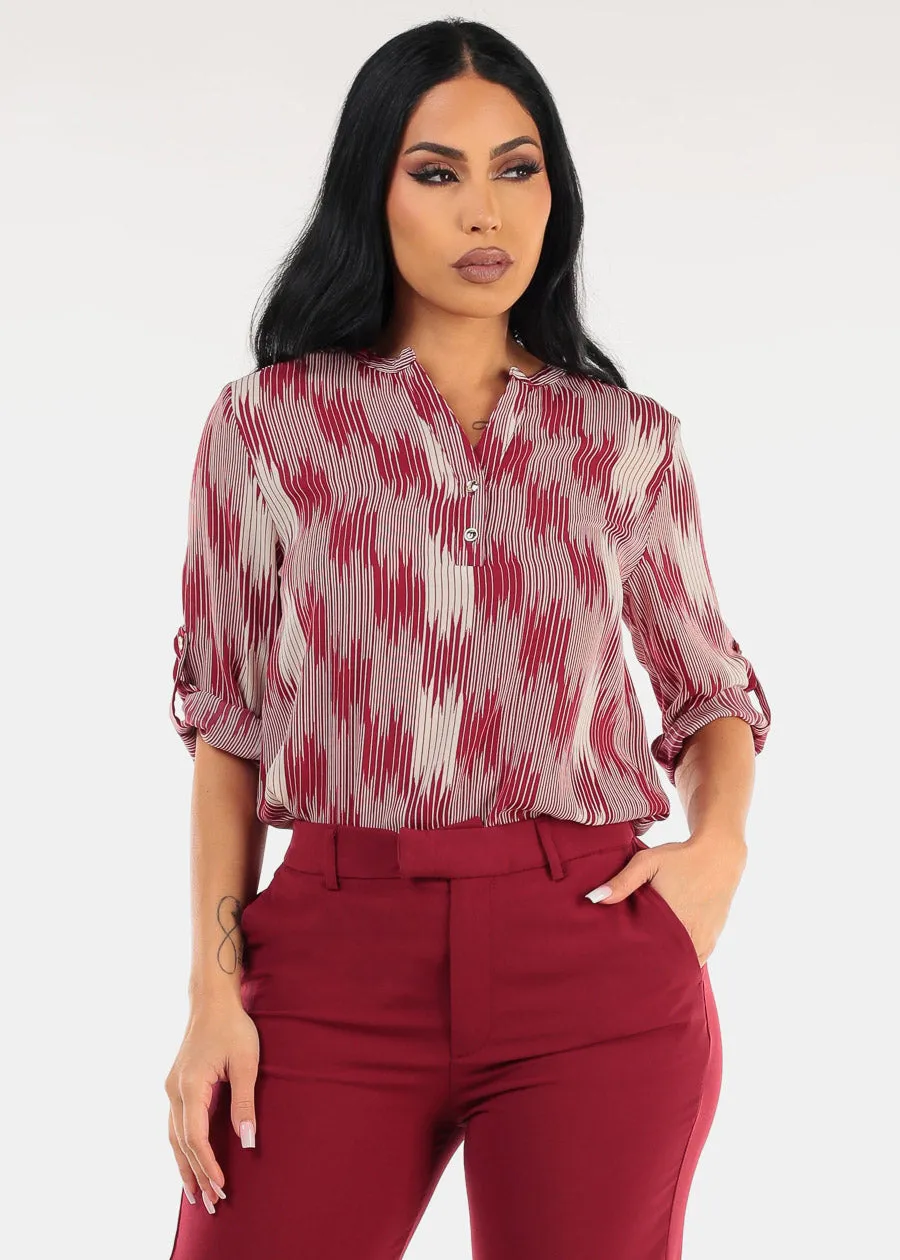 Quarter Sleeve Lightweight Printed Blouse Burgundy sold by Moda