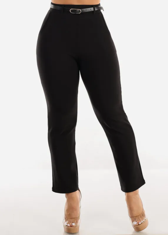 Black Butt Lift Straight Dressy Ankle Pants w Belt sold by Moda