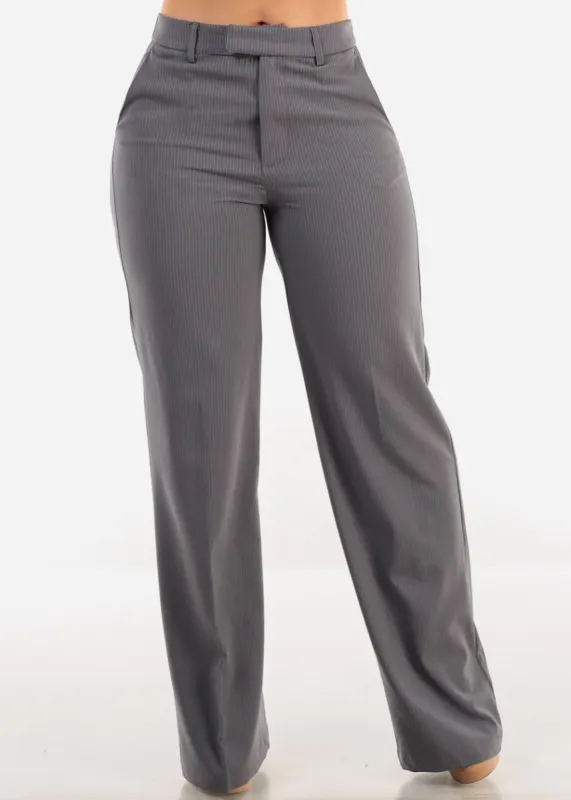 Super High Waist Stripe Straight Dressy Pants Grey sold by Moda