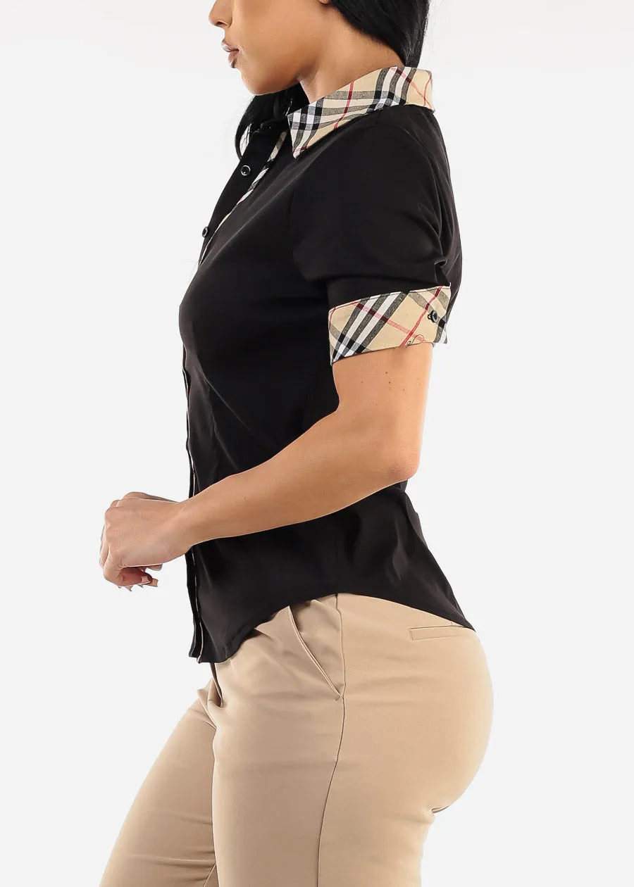 Short Sleeve Button Up Black Shirt w Plaid Trim sold by Moda product image thumbnail 3