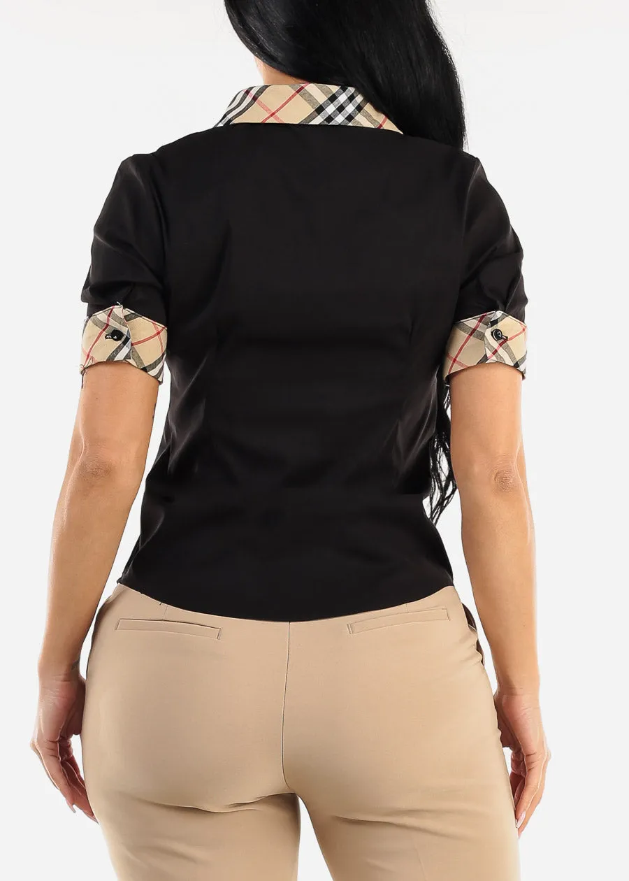 Short Sleeve Button Up Black Shirt w Plaid Trim sold by Moda product image thumbnail 4