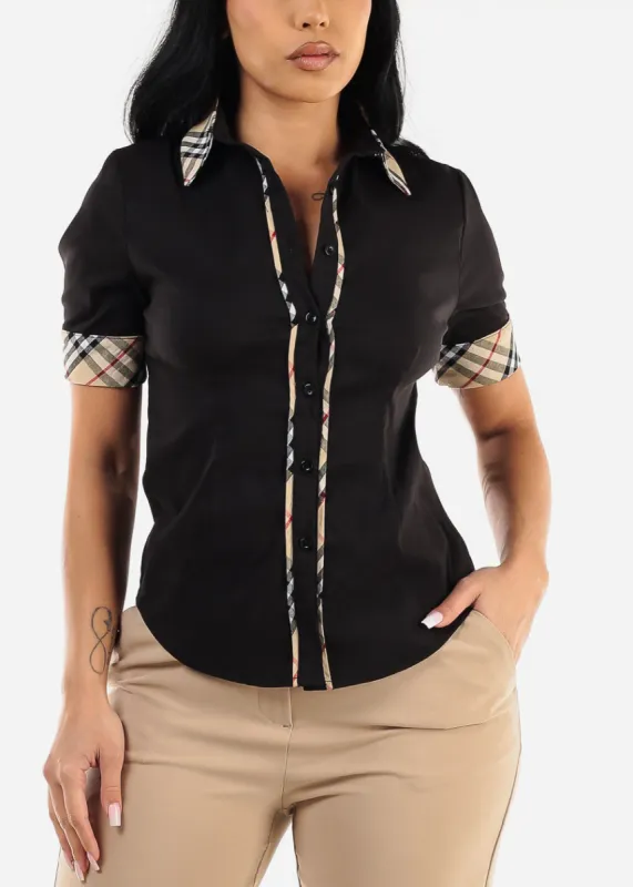 Short Sleeve Button Up Black Shirt w Plaid Trim sold by Moda