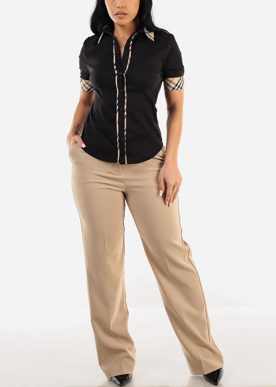 Short Sleeve Button Up Black Shirt w Plaid Trim sold by Moda product image thumbnail 2