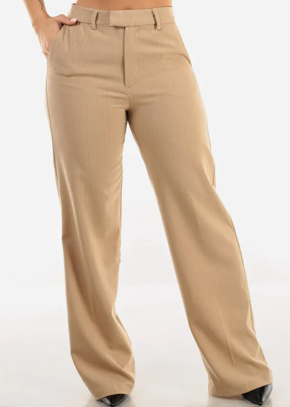Super High Waist Stripe Straight Dressy Pants Khaki sold by Moda