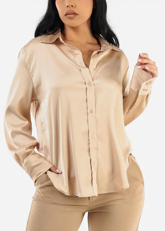 Long Sleeve Button Up Satin Blouse Light Khaki sold by Moda