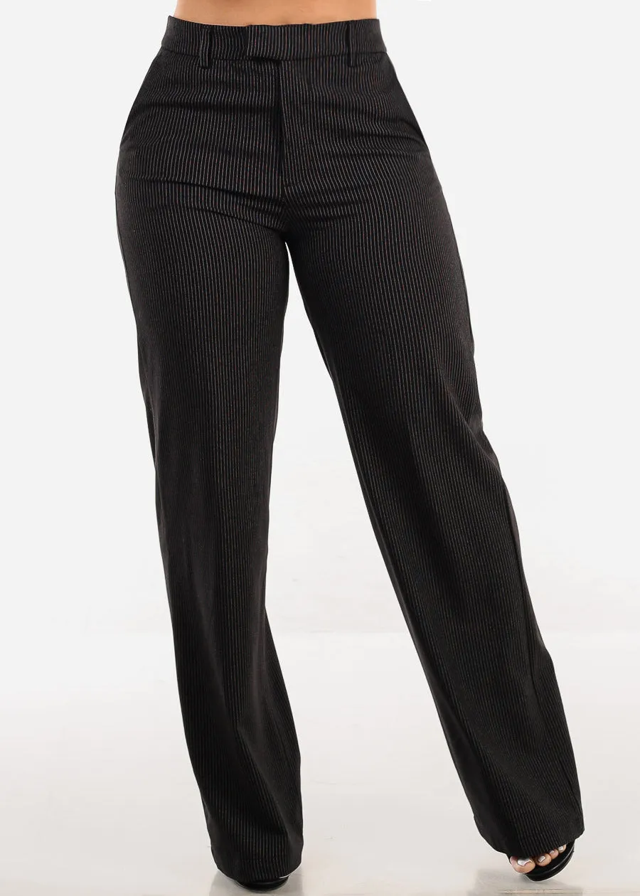 Super High Waist Stripe Straight Dressy Pants Black sold by Moda