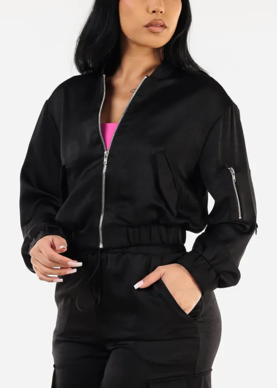 Long Sleeve Black Zip Up Satin Bomber Jacket sold by Moda
