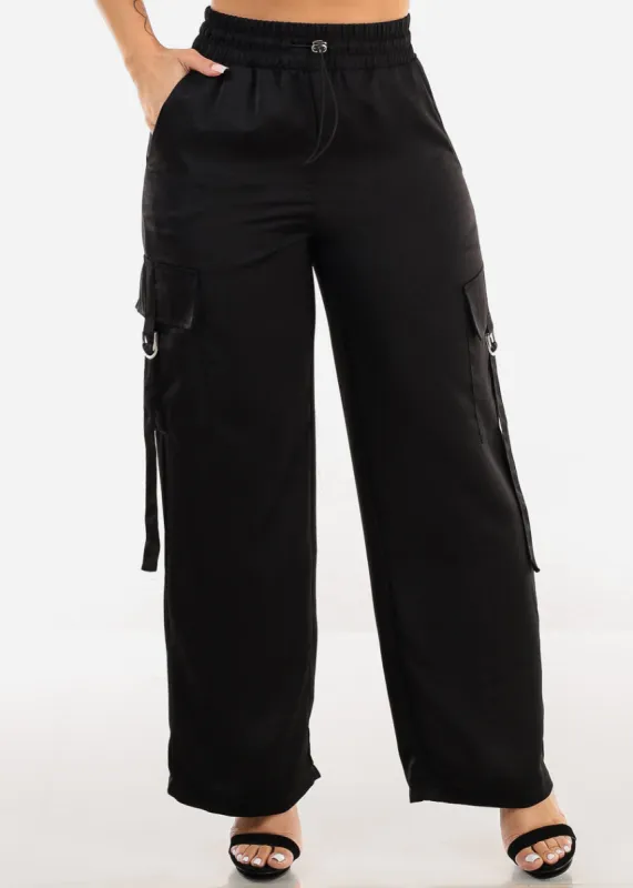 Super High Waist Black Satin Cargo Pants sold by Moda