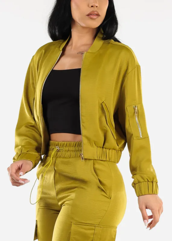 Long Sleeve Zip Up Satin Bomber Jacket Lime sold by Moda