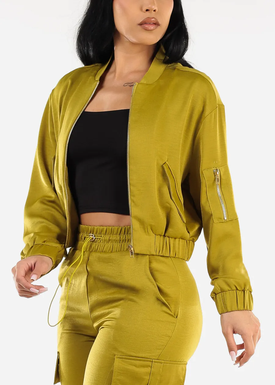 Long Sleeve Zip Up Satin Bomber Jacket Lime sold by Moda