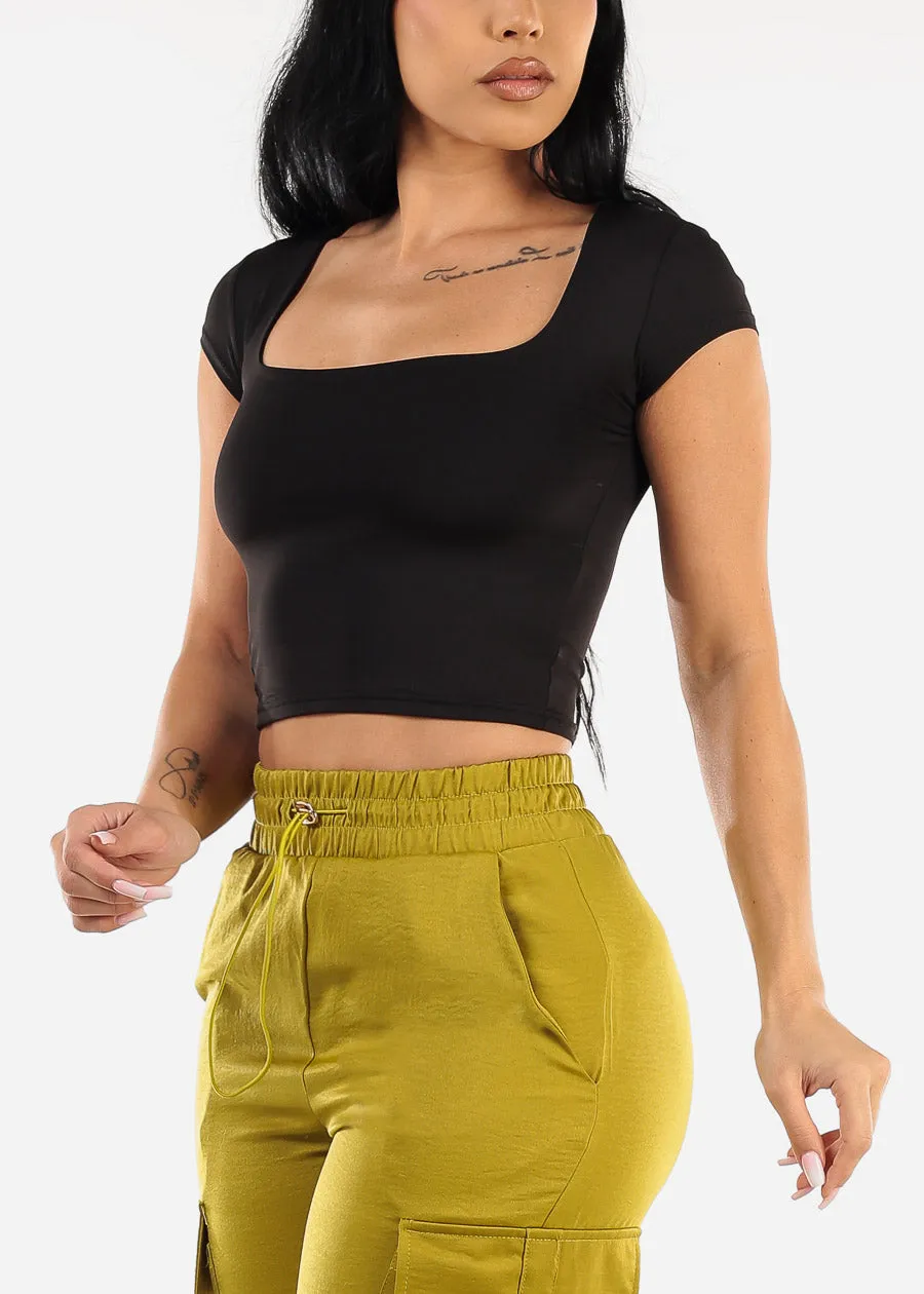 Double Layered Square Neck Black Crop Top sold by Moda