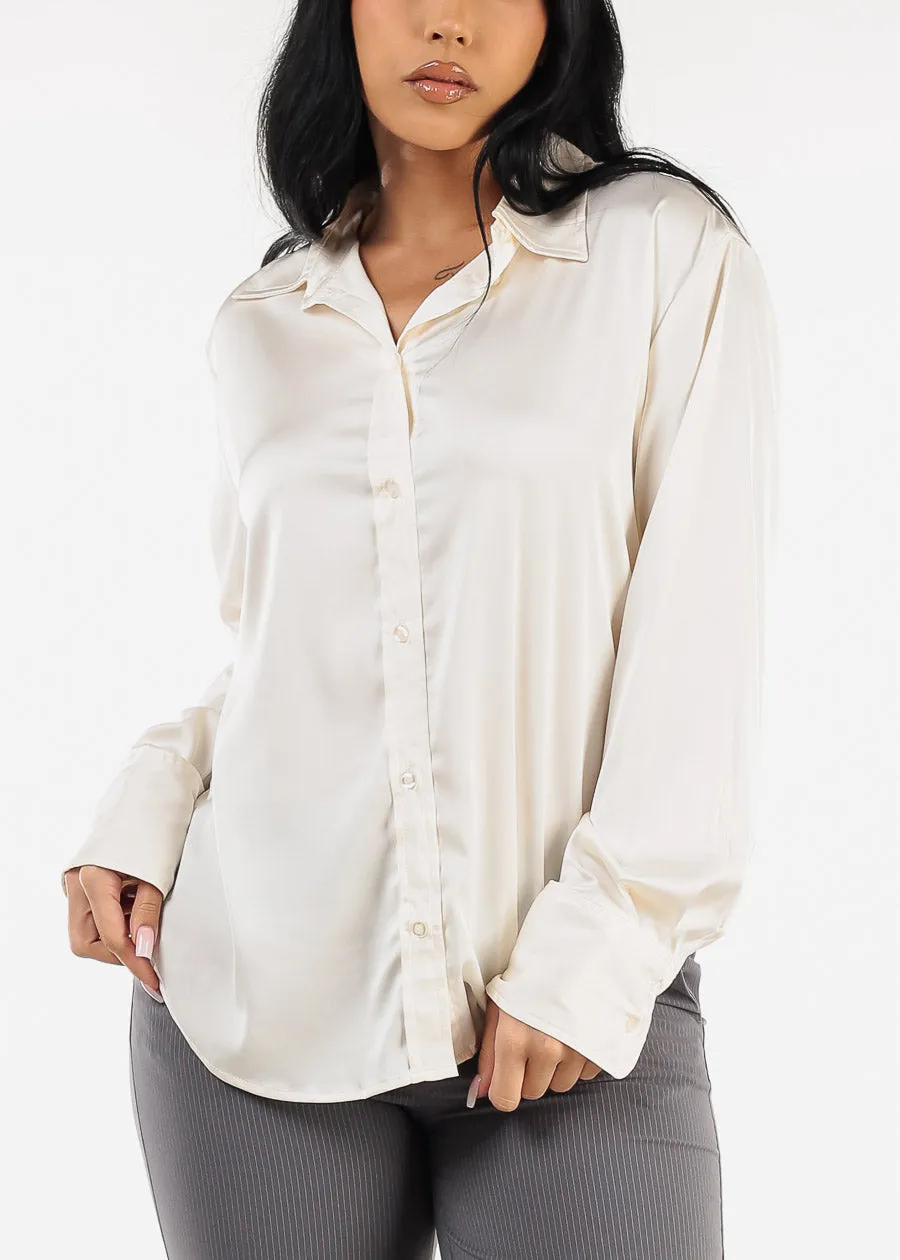 Long Sleeve Button Up Satin Blouse Ivory sold by Moda