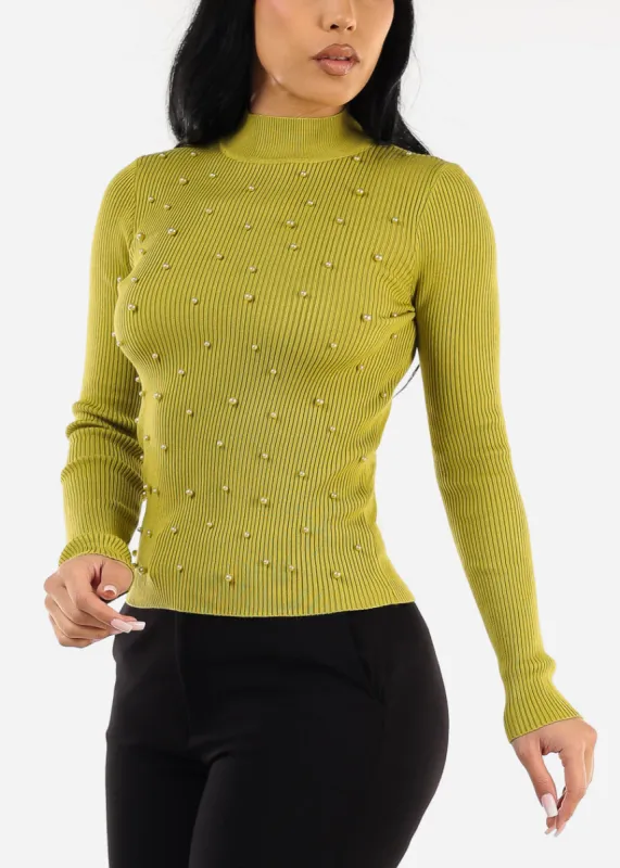 Long Sleeve Mock Neck Pearl Sweater Lime sold by Moda