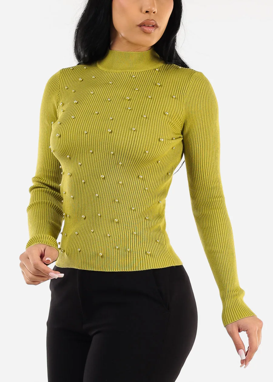 Long Sleeve Mock Neck Pearl Sweater Lime sold by Moda