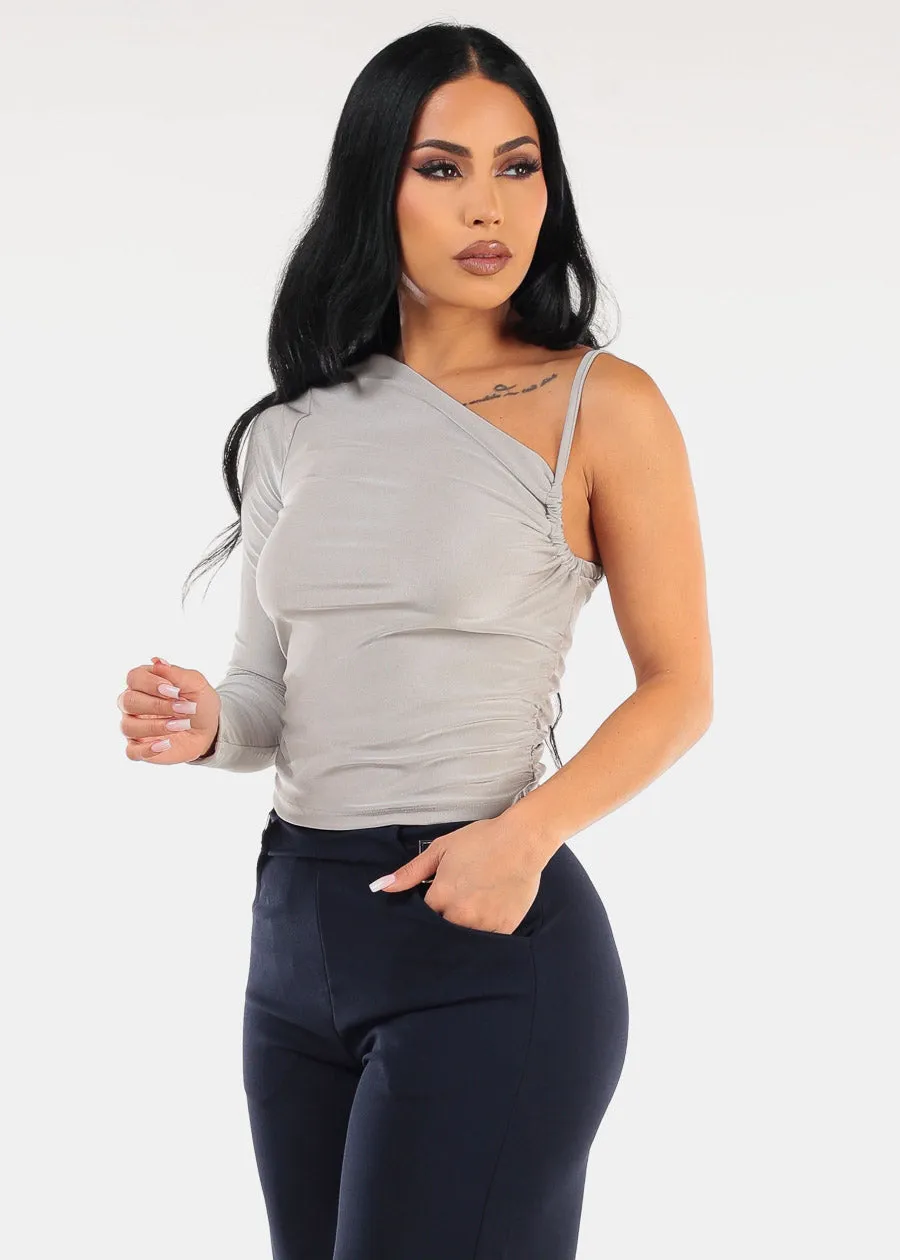 One Shoulder Asymmetrical Neckline Blouse Grey sold by Moda