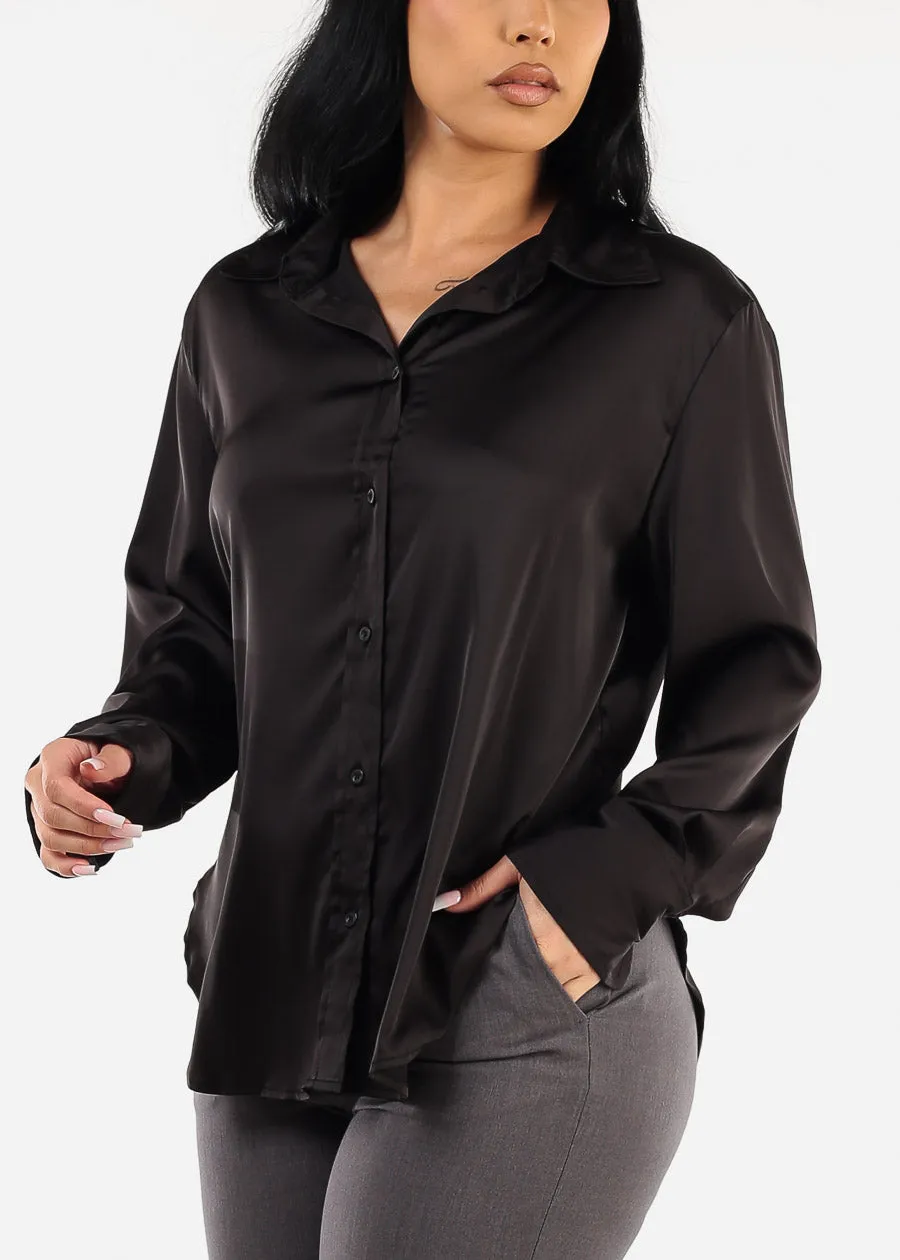 Long Sleeve Button Up Black Satin Blouse sold by Moda