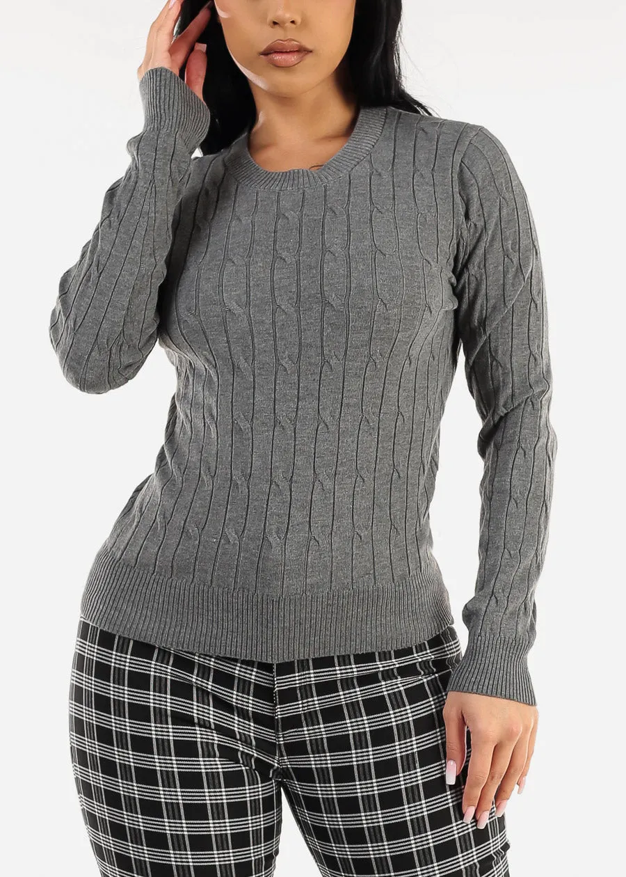 Long Sleeve Crewneck Cable Knit Sweater Charcoal sold by Moda