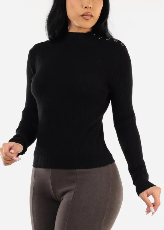 Long Sleeve Black Knitted Sweater w Button Detail sold by Moda