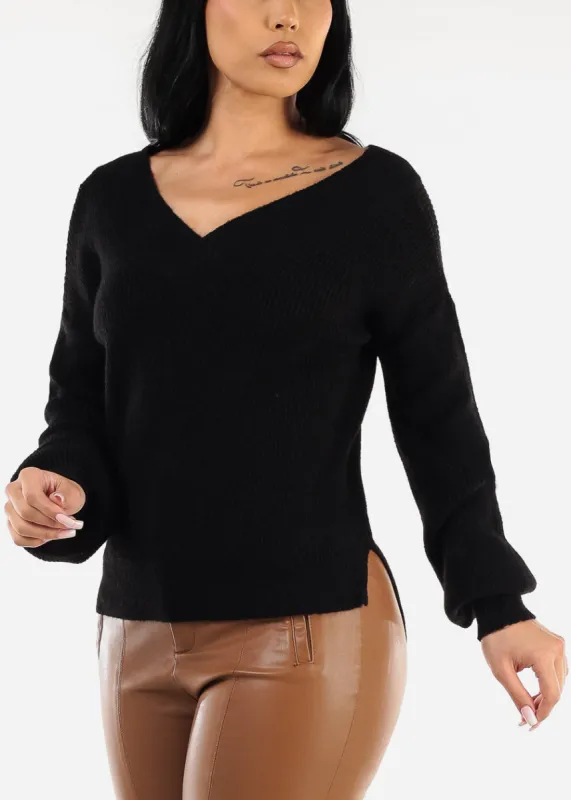 V-Neck Long Sleeve Black Knitted Sweater sold by Moda