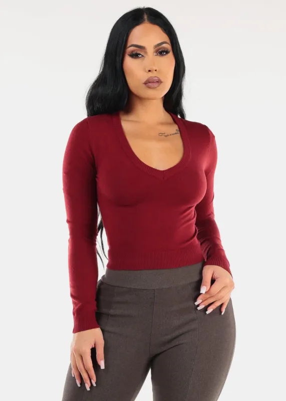 Long Sleeve Vneck Sweater Top Burgundy sold by Moda