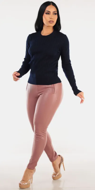 Navy Knit Pleather Skinnies Combo sold by Moda
