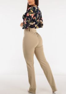 Khaki Super High Waist Dressy Bootcut Pants sold by Moda