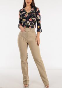 Khaki Super High Waist Dressy Bootcut Pants sold by Moda