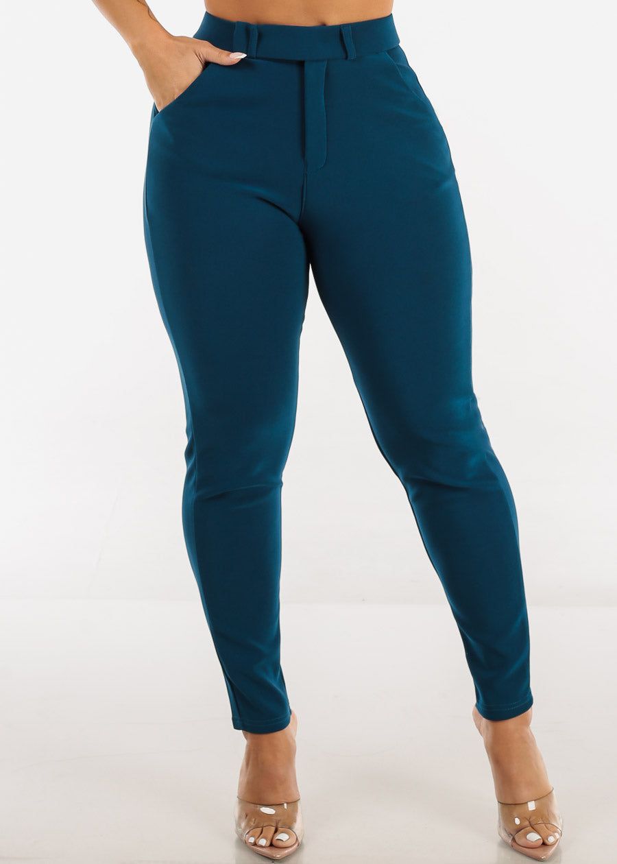High Waist Teal Dressy Skinny Pants sold by Moda