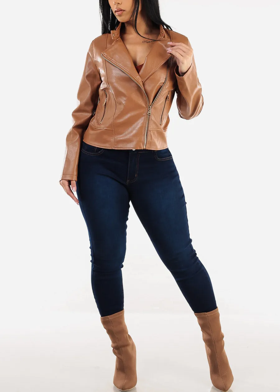 Vegan Leather Zip Up Moto Jacket Camel sold by Moda product image thumbnail 4